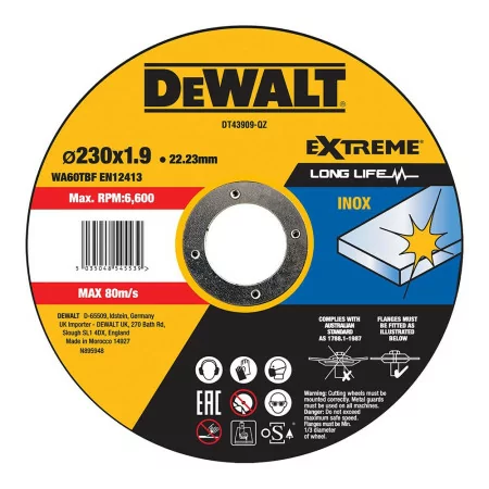 Disco de Corte Rápido em Aço Inox. com Grão Profissional de Óxido de Alumínio Thin Cut Dewalt - 230x1,9x22,23 mm - DT43909-QZ|Dewalt|5035048545539
